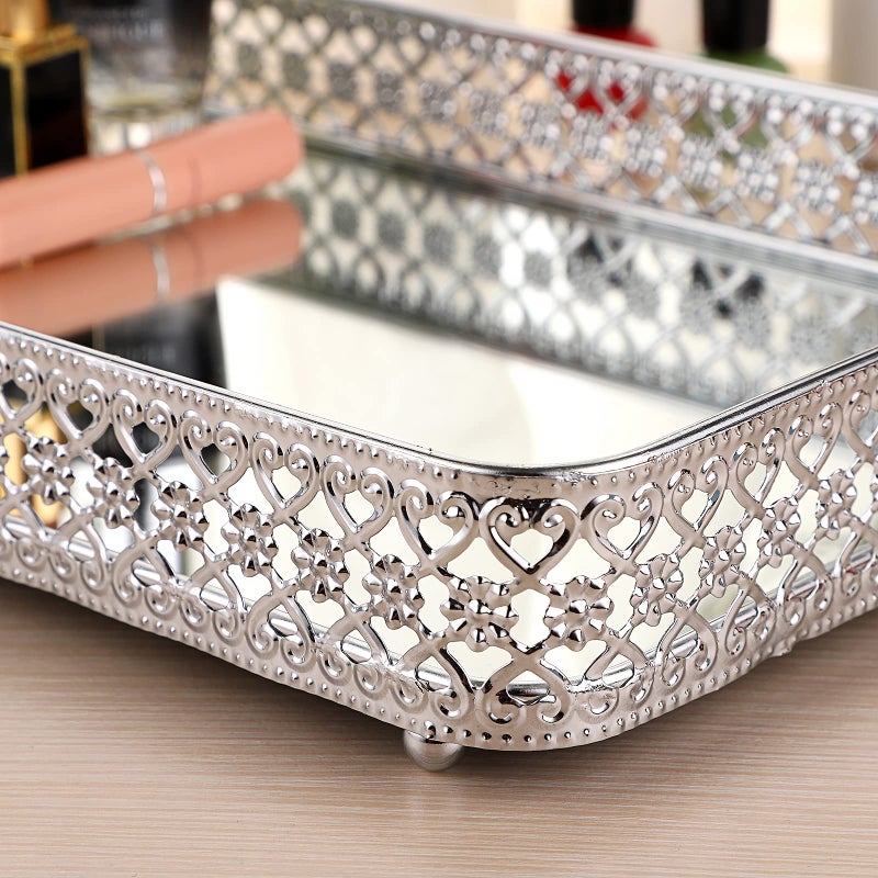 ELLDOO Perfume Tray Mirror Tray Silver Vanity Makeup Hollow-Carved Jewelry Tray Glass Metal Trinket Storage Tray Home Decor Organizer Tray for for Dresser Bathroom Countertop Large Size 13.8""x 7.9"" - Image 3
